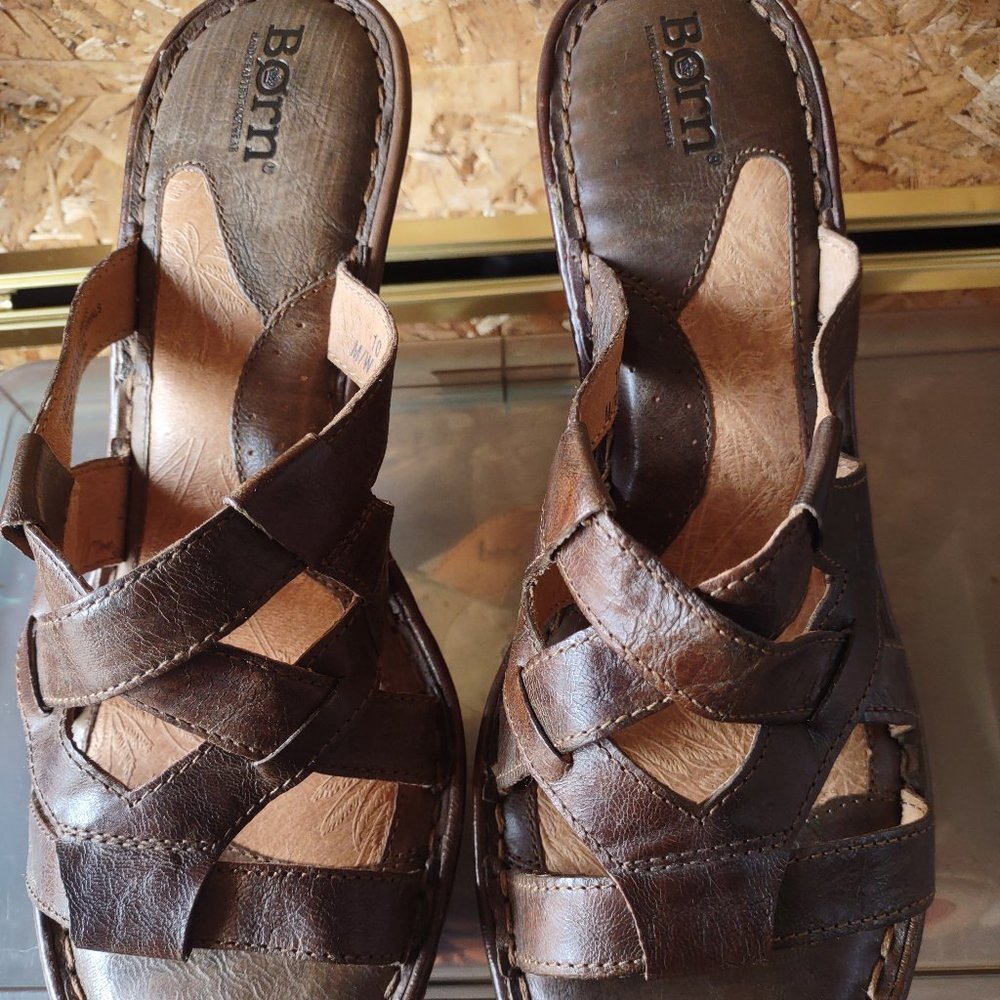 Born wedge sandal, brown leather, size 9.5
